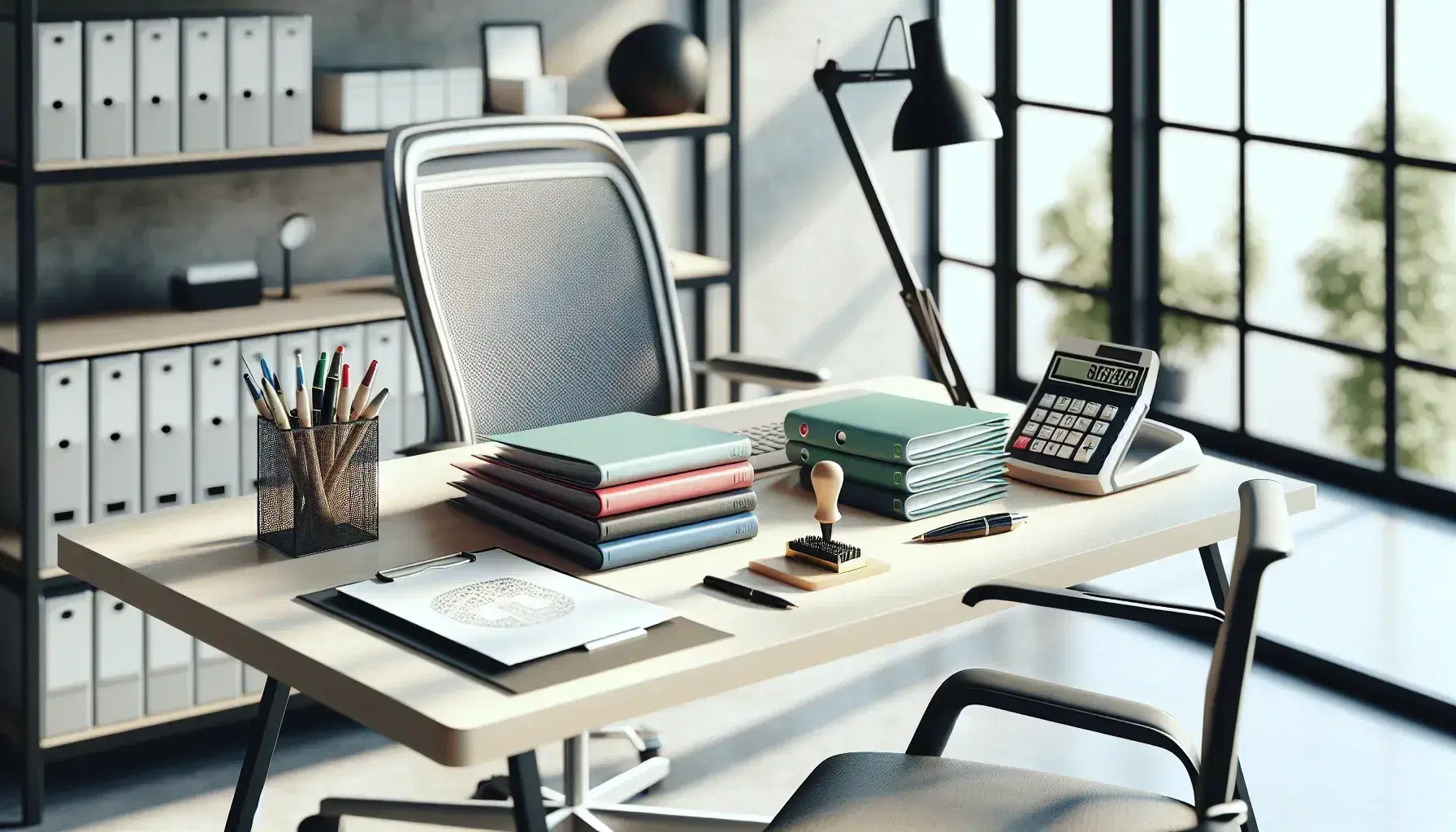 Oficina moderna y luminosa con mesa de trabajo, calculadora, teléfono, carpetas organizadas y sello, junto a una silla ergonómica y ventana con cortinas grises.
