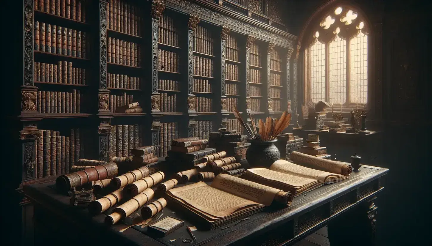 Biblioteca antica con tavolo in legno, manoscritti sparsi, scaffali di libri rilegati e calamaio, in atmosfera di studio silenzioso.