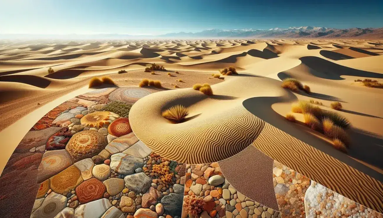 Desert landscape with rolling dunes, scattered vegetation and stone pavement, under a cloudless blue sky.