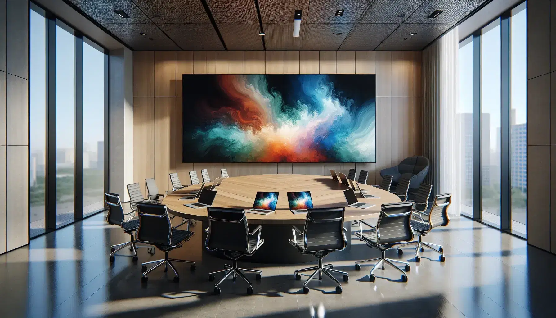 Modern corporate training room with oval wooden table, ergonomic chairs, laptops ready for use, and a vibrant flat-screen monitor on a beige wall, bathed in natural light.