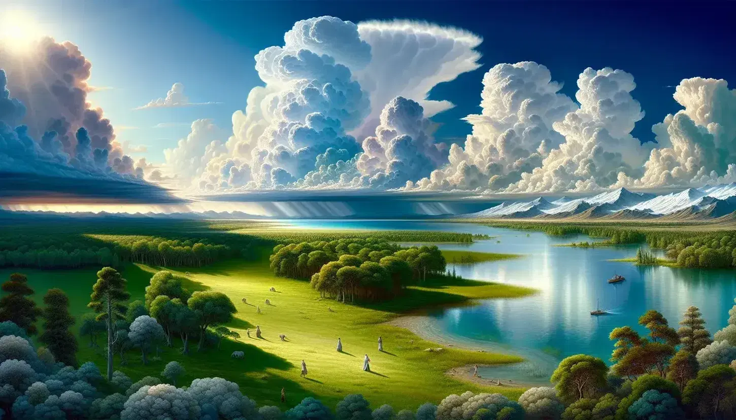 Paesaggio naturale con erba verde, lago riflettente, alberi frondosi, figura umana, nuvole cumulo e montagne in lontananza.