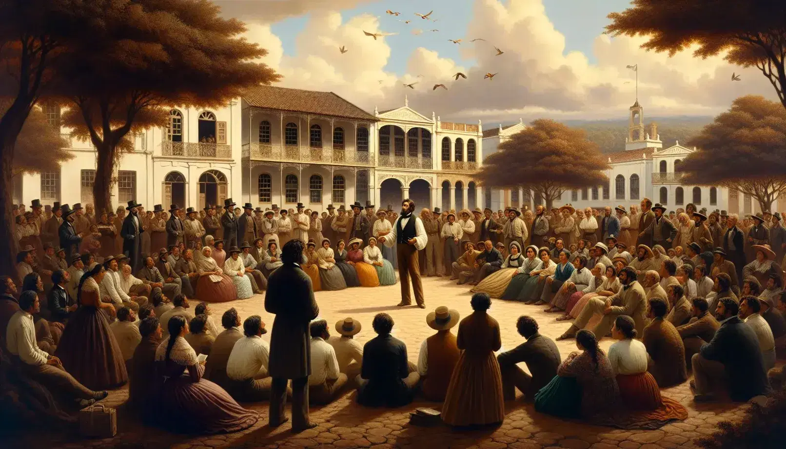 Grupo diverso escuchando a hombre con vestimenta del siglo XIX en plaza de estilo colonial, rodeados de árboles y edificios antiguos en día parcialmente nublado.