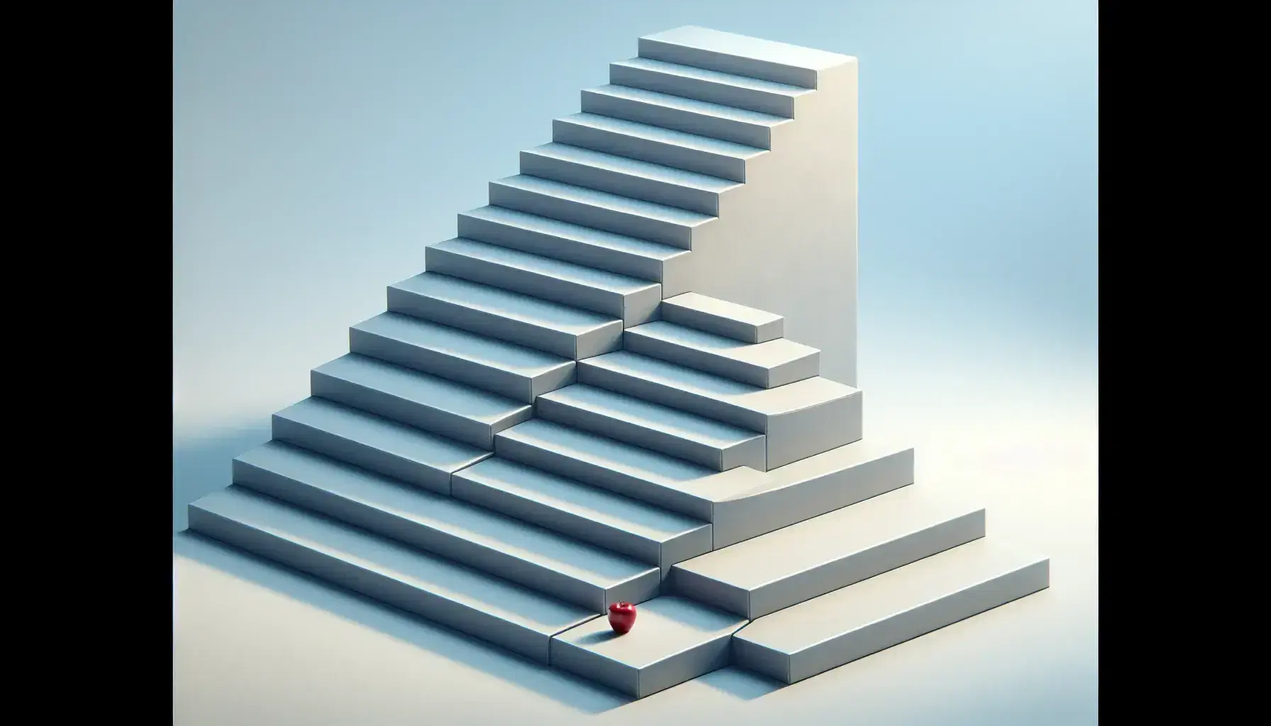 Concrete staircase ascending diagonally with sharp edges and soft shadows against a gradient blue sky, featuring a solitary glossy red apple on the third step.