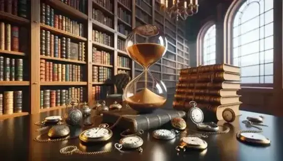 Biblioteca antica con clessidra trasparente su tavolo in legno, orologi d'epoca, libreria con libri rilegati e mappamondo senza scritte.