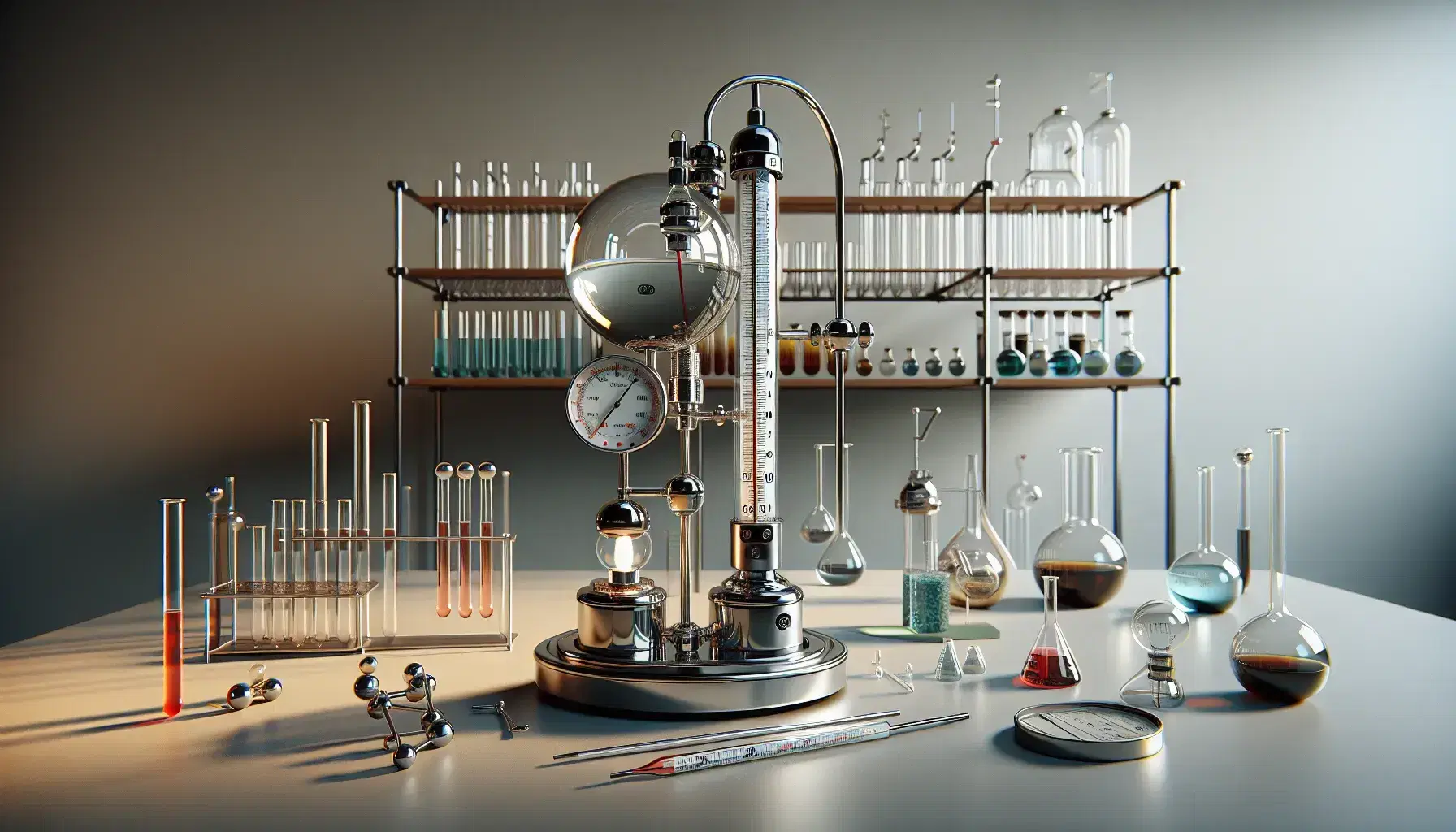 Laboratorio scientifico con calorimetro metallico, termometro a mercurio, cilindro con pistone e provette in rack di legno su tavolo grigio.