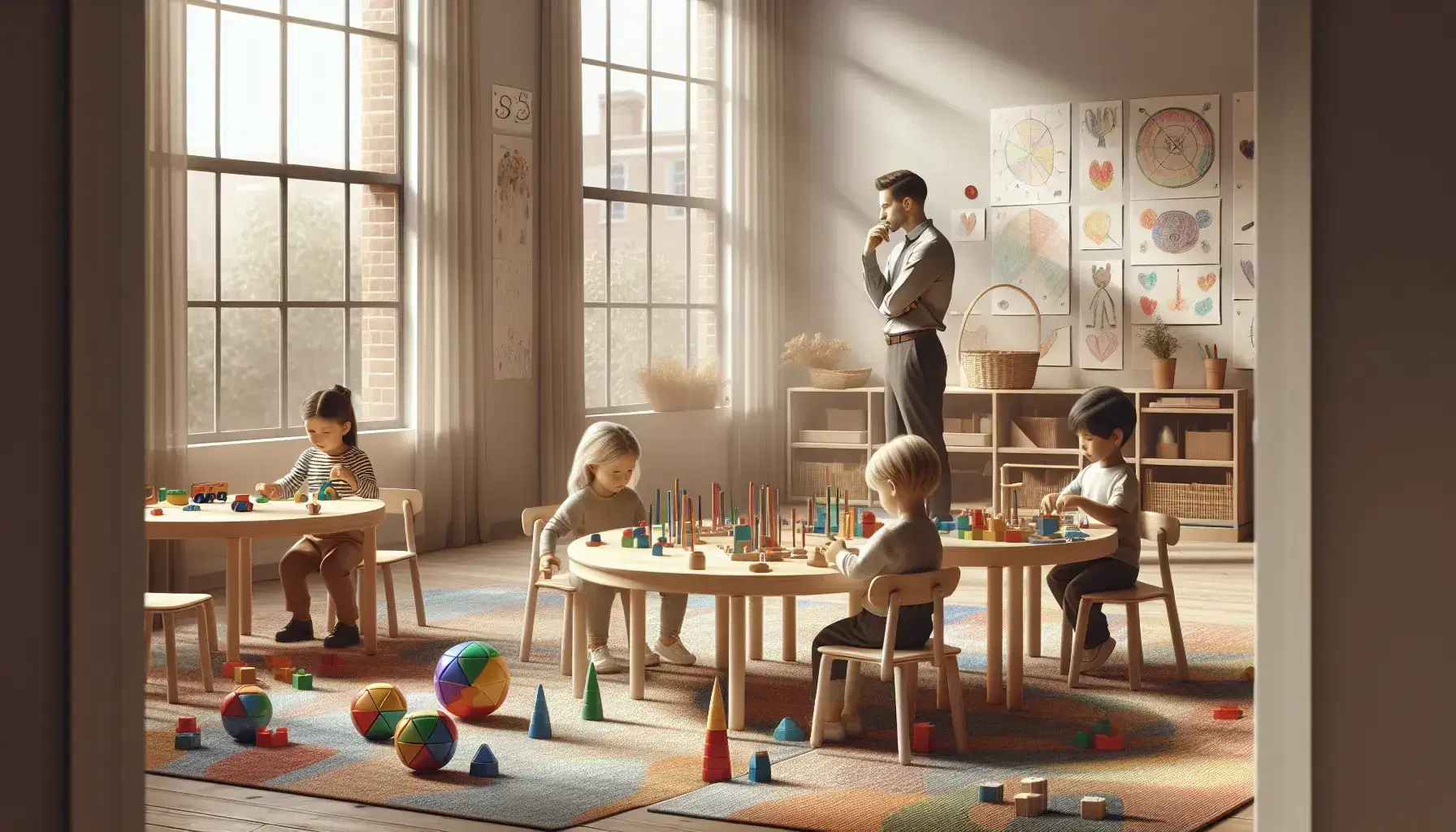 Niños concentrados jugando con bloques de construcción y figuras geométricas en una aula iluminada naturalmente, con un adulto observando atentamente.