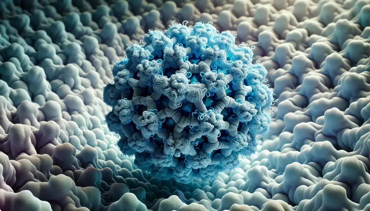 High-resolution 3D model of an icosahedral viral capsid with gradient blue protein subunits, against a soft-focus cell membrane backdrop.