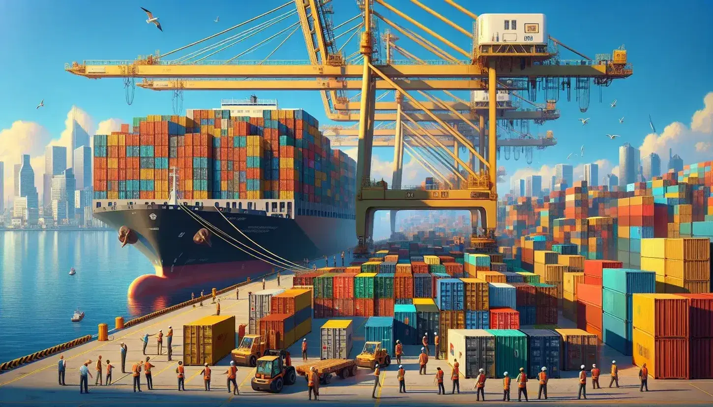 Busy port with stacked colorful containers, yellow cranes, workers with safety vests and helmets, ship and city skyline in the background.