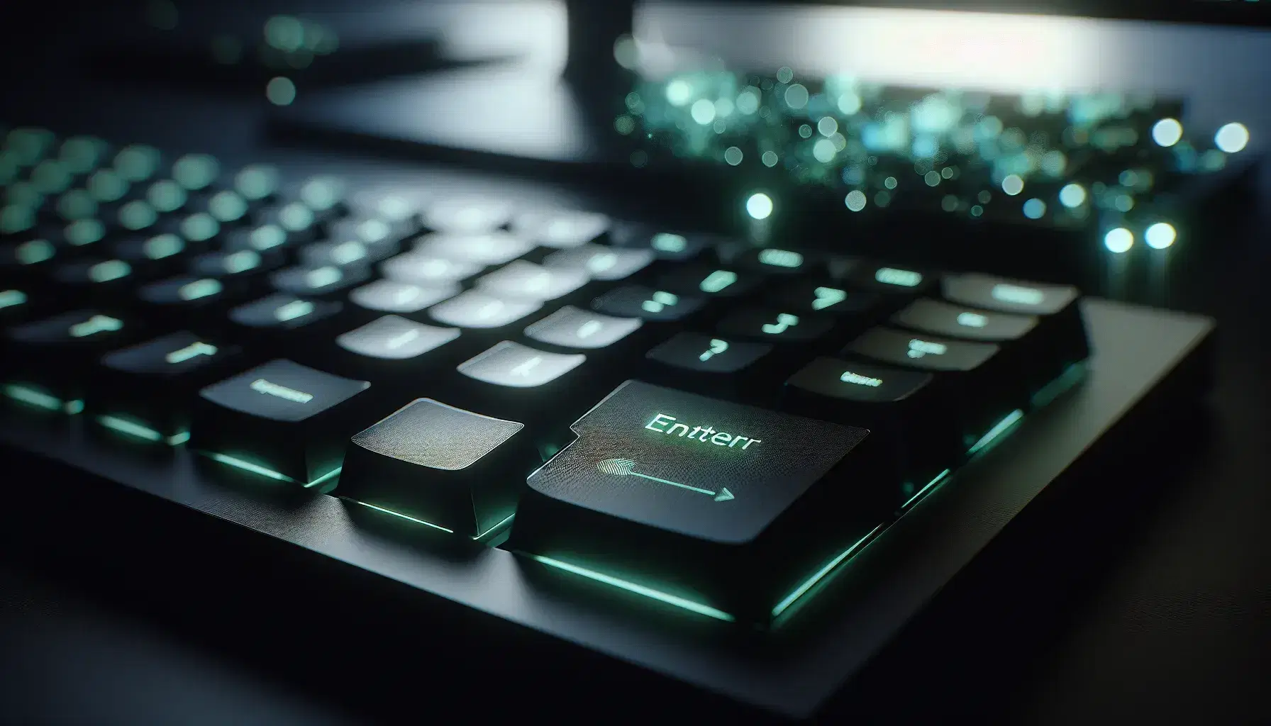 Close-up of a computer keyboard with green lit Enter key, blurry black keys and gradient monitor with green and blue lights.