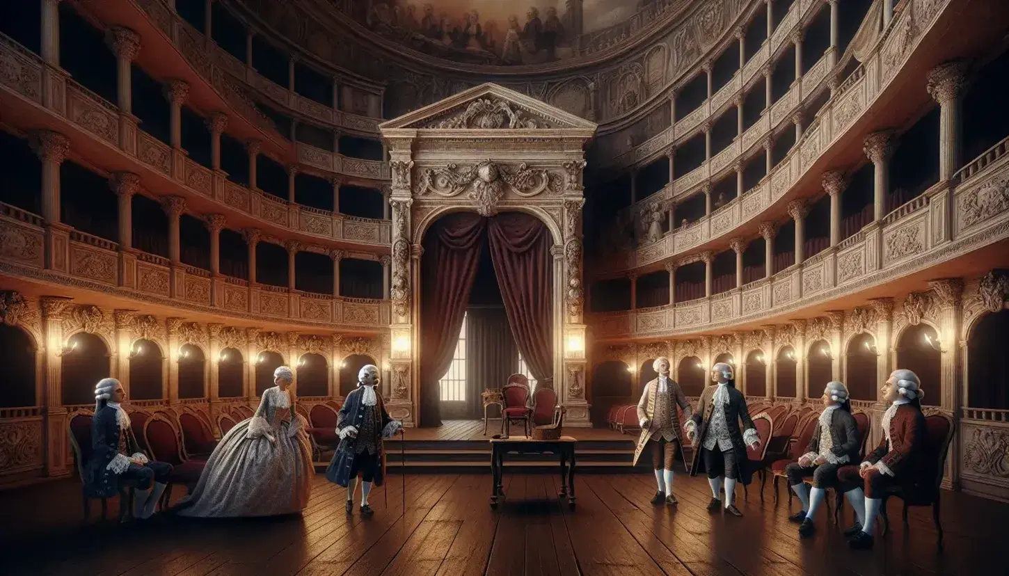 Teatro barocco veneziano del XVIII secolo con palco e tenda rossa, attori in costume d'epoca e logge decorate.
