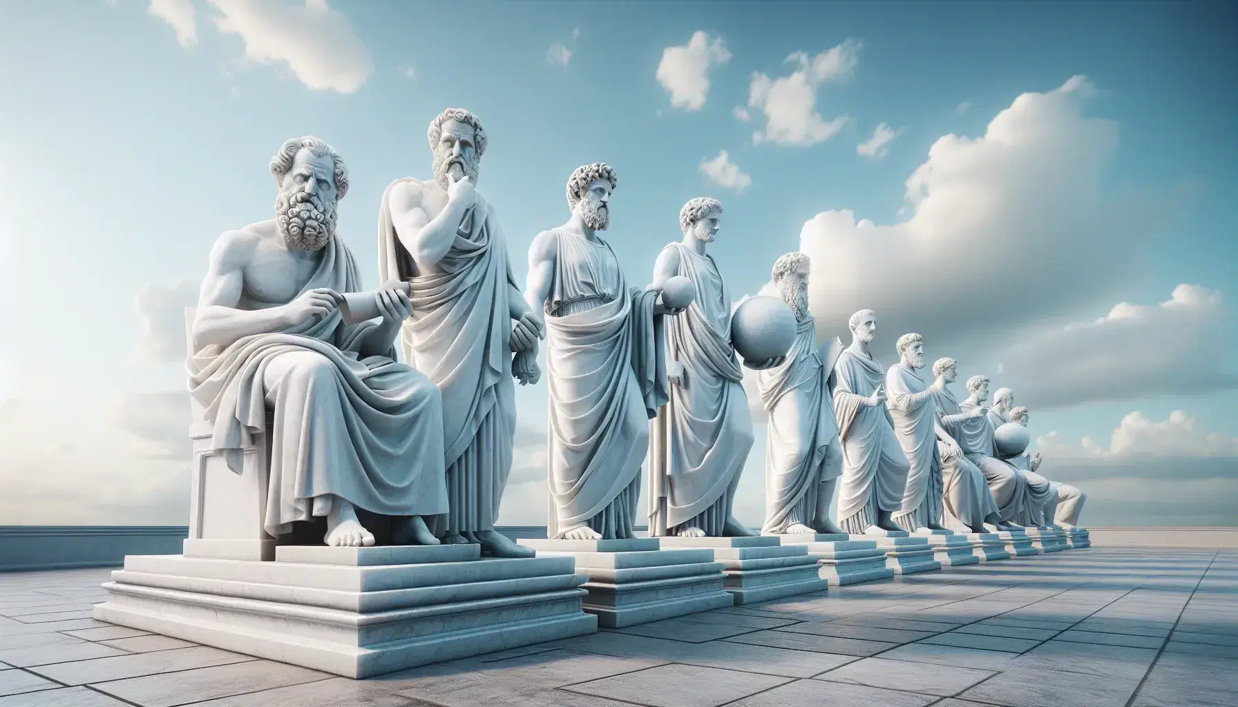 Estatuas de mármol blanco de filósofos griegos antiguos en fila bajo cielo azul, con poses distintivas y sombras suaves en el suelo.