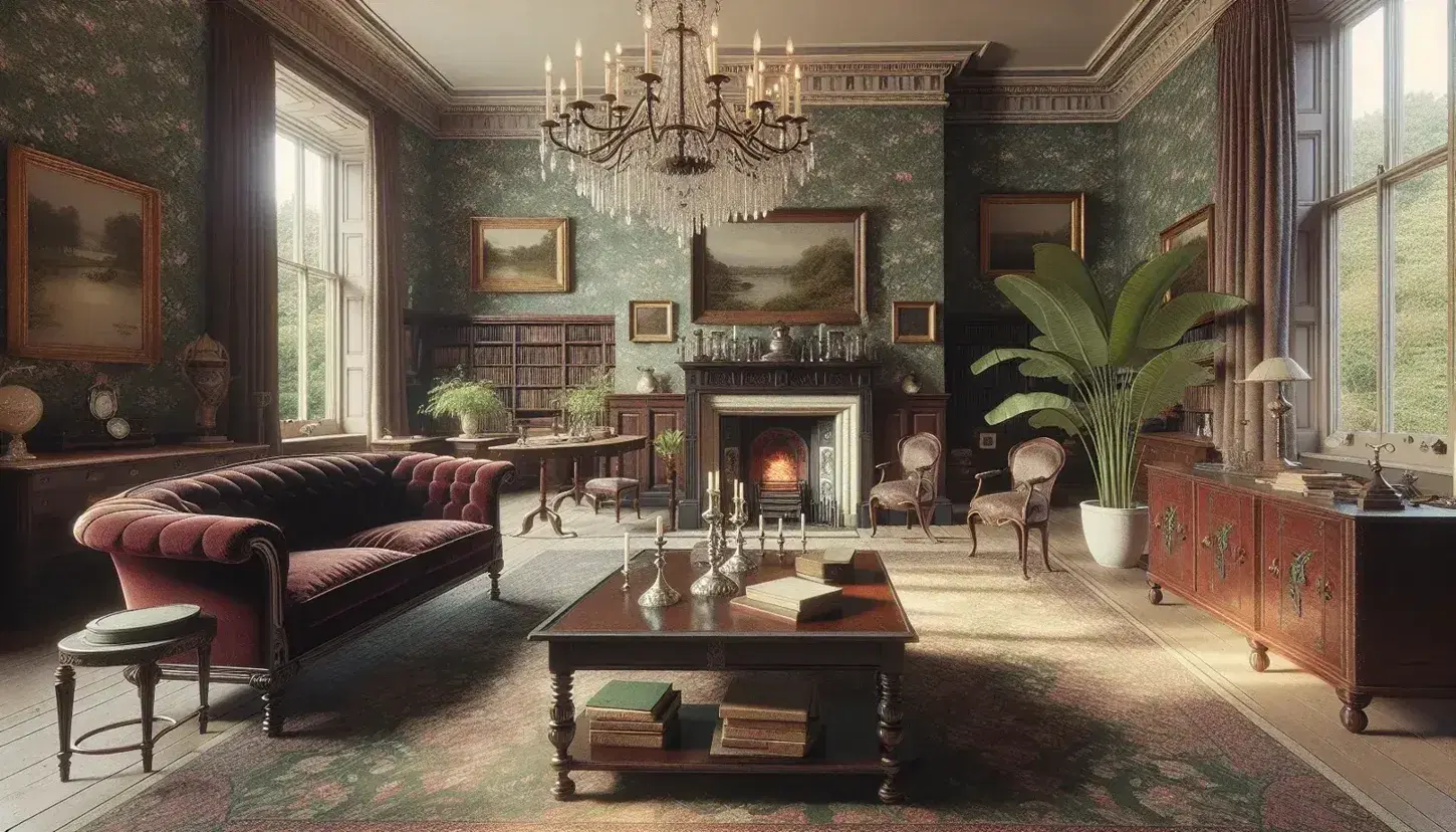 Salón antiguo con sofá victoriano de terciopelo rojo, mesa de madera, chimenea de piedra, estantería con libros, planta verde y alfombra persa.