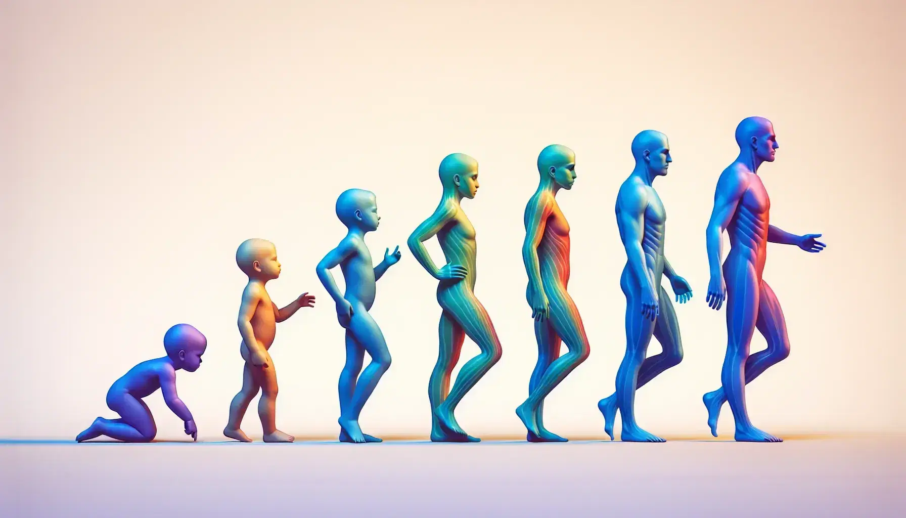 Five abstract human figures growing, from blue on all fours to purple standing, yellow-blue gradient background, light shadows.