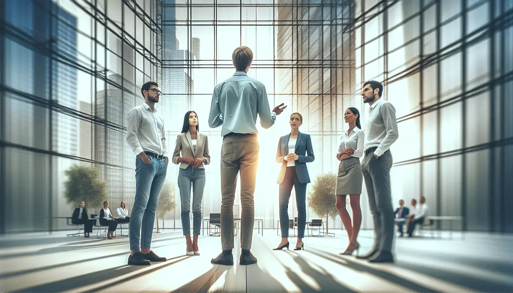 Grupo diverso de cinco personas en atuendo de negocios informales escuchando a un líder en un espacio moderno y luminoso.
