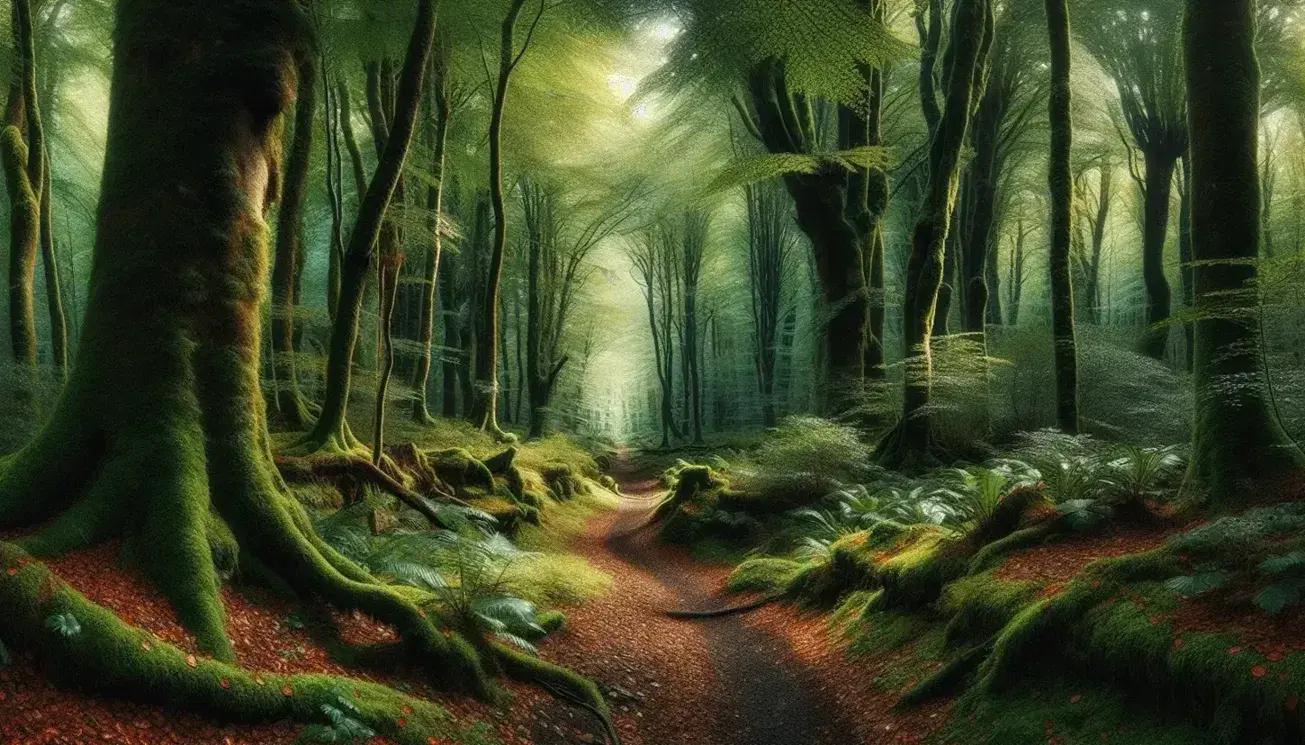Sentiero sterrato serpeggiante in una foresta mista autunnale con conifere scure, alberi a foglia larga e tappeto di muschio.