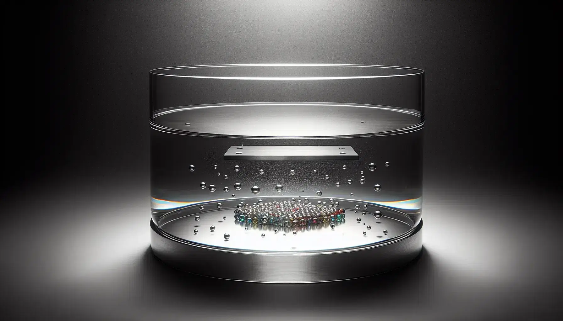 Clear glass container with two horizontal metal plates and colorful suspended beads, illuminated by soft white light on a matte black surface.
