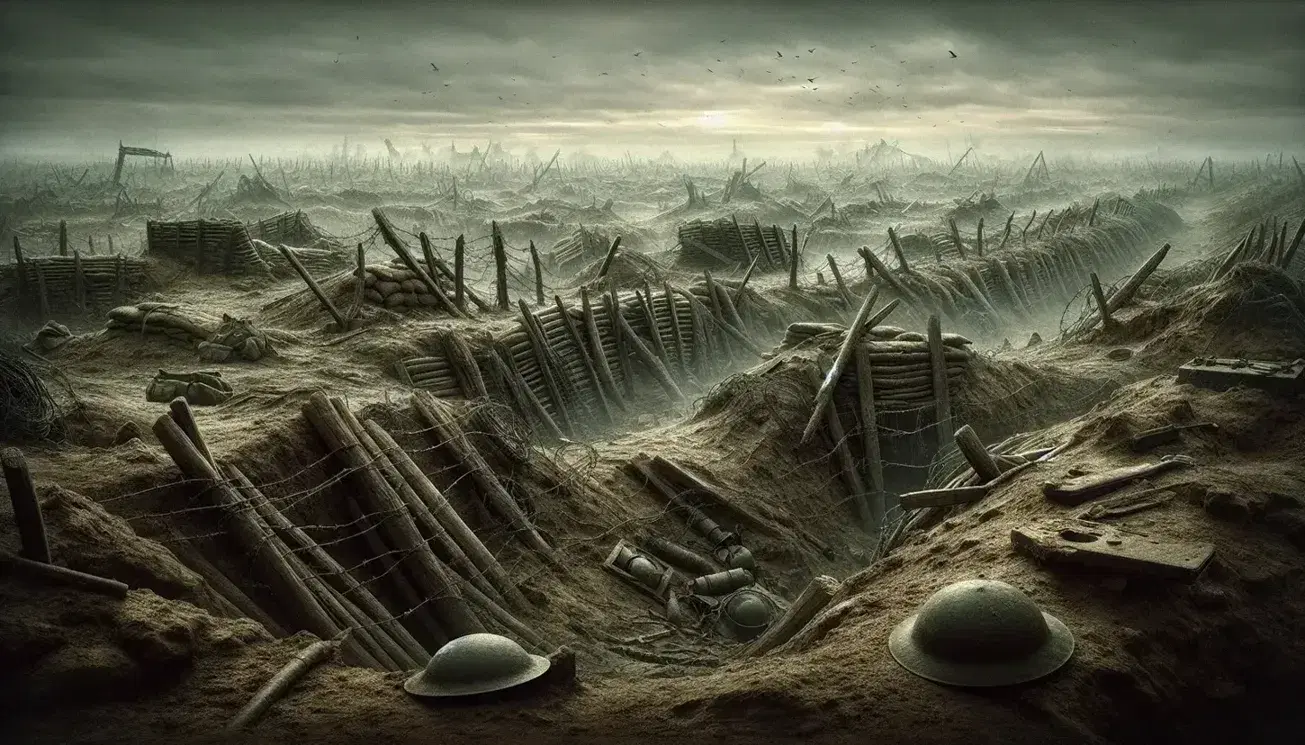 Campo di battaglia della Prima Guerra Mondiale con terreno craterizzato, filo spinato, trincee erose e resti militari, sotto un cielo grigio.