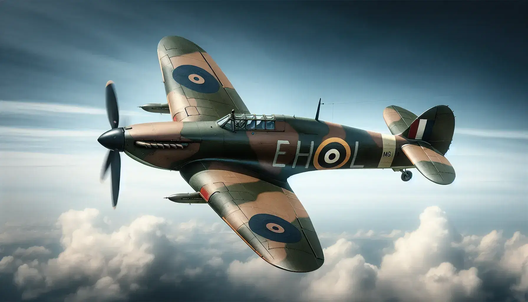 Hawker Hurricane fighter in flight with green and brown camouflage livery, sky-grey belly, moving propeller and blue sky with clouds.