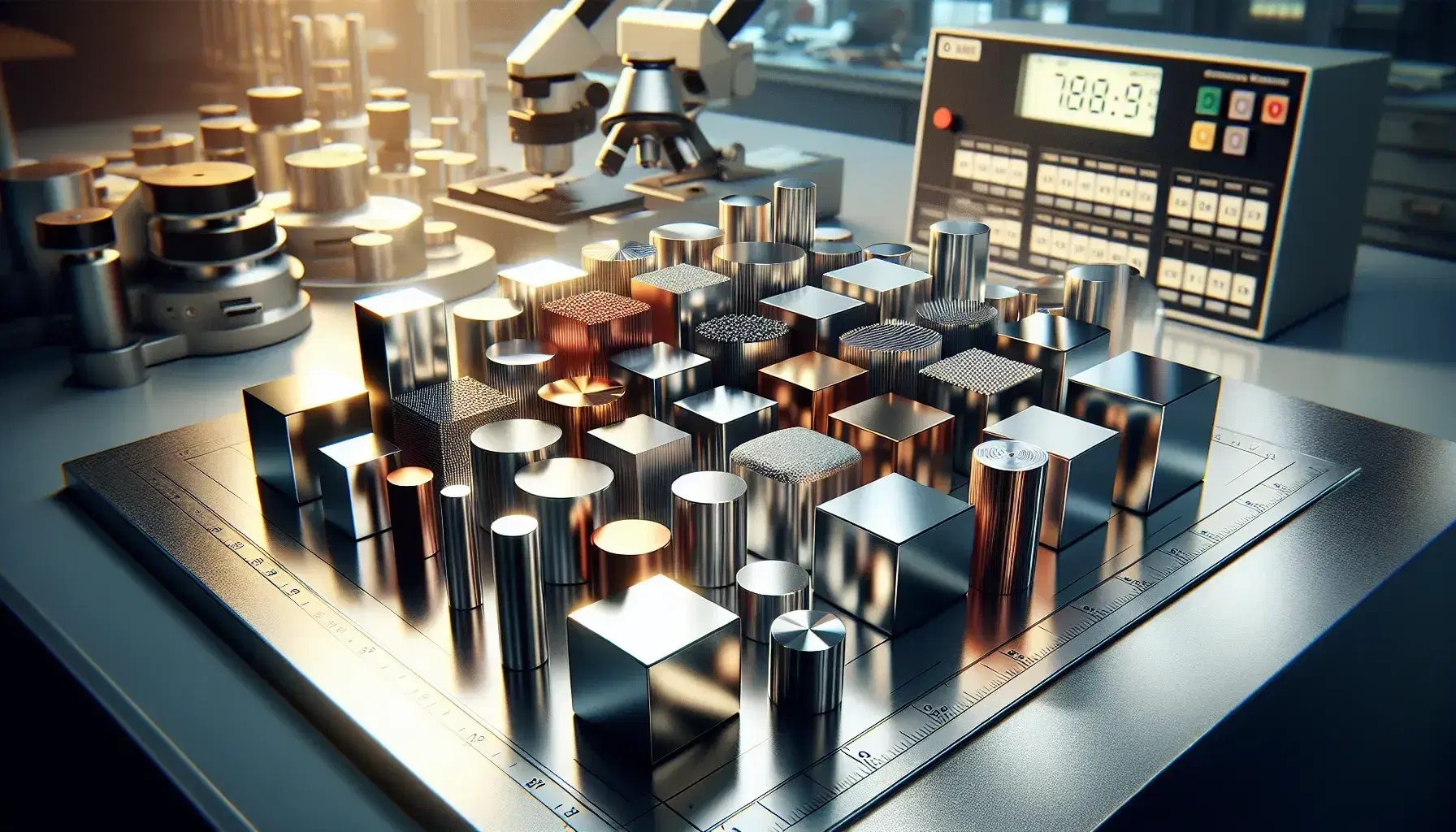 Campioni di leghe metalliche con superfici riflettenti in forme geometriche disposti su banco laboratorio, sfondo con strumenti analisi sfocati.