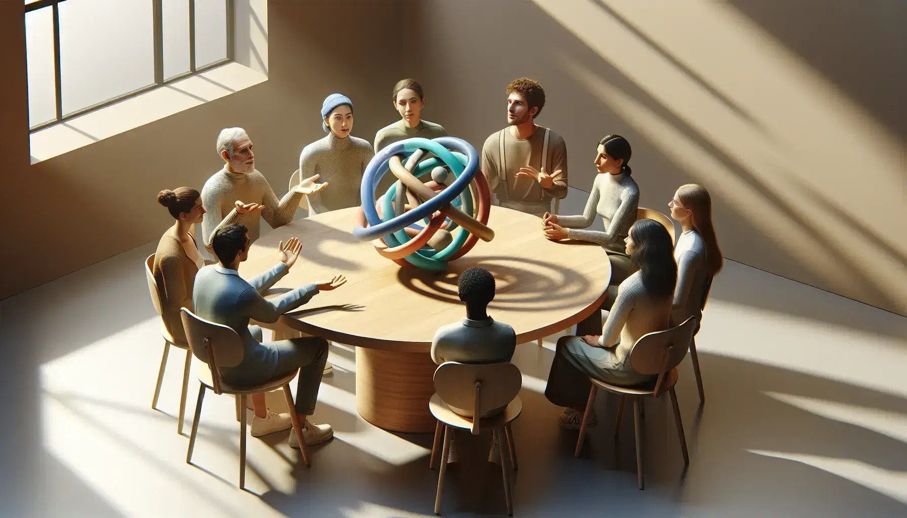 Grupo diverso de cinco personas colaborando alrededor de una mesa redonda con un modelo geométrico tridimensional en el centro, en un ambiente cálido y bien iluminado.