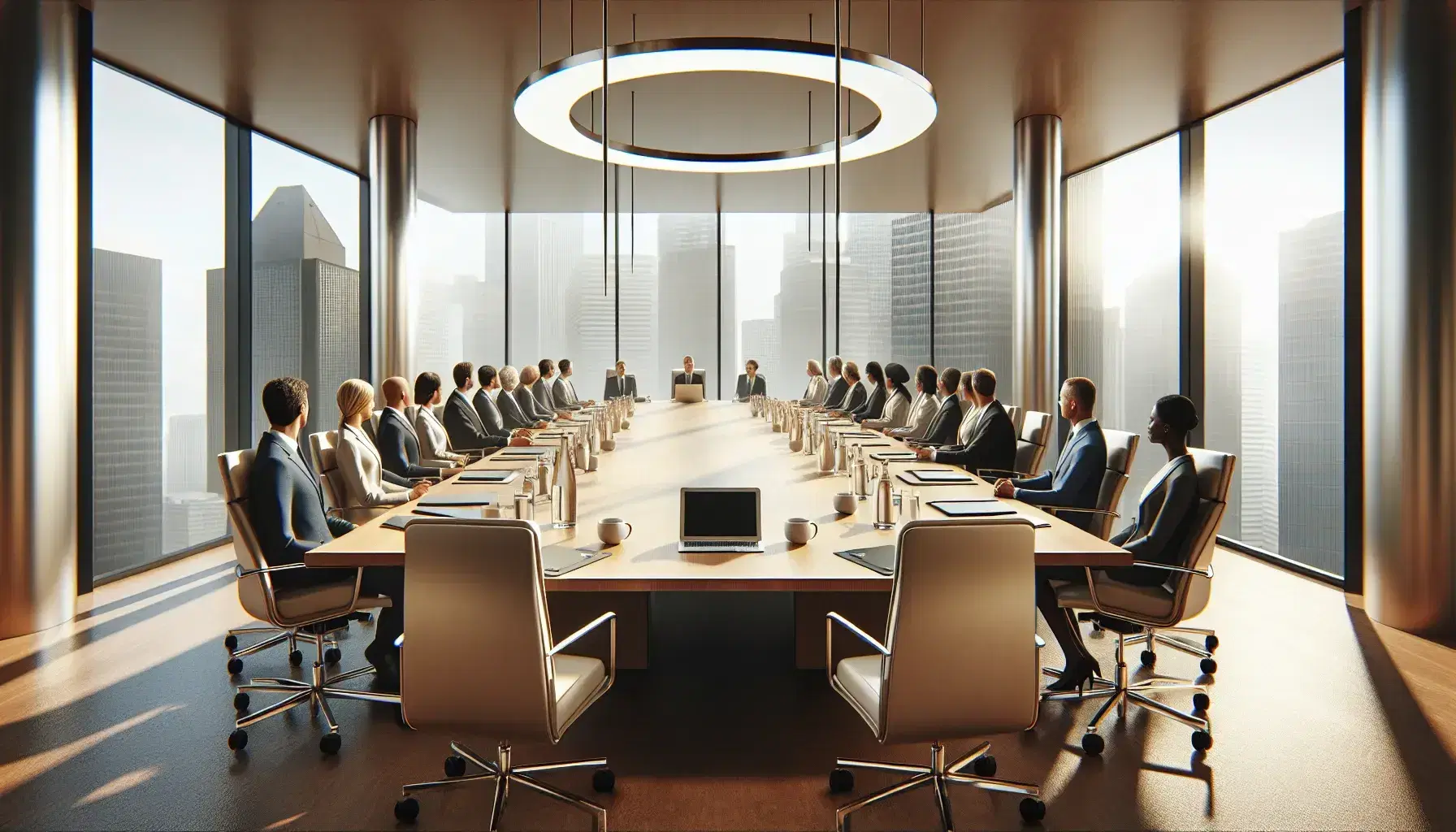 Diverse professionals engaged in a meeting around an oval wooden table in a well-lit conference room with city views through large windows.