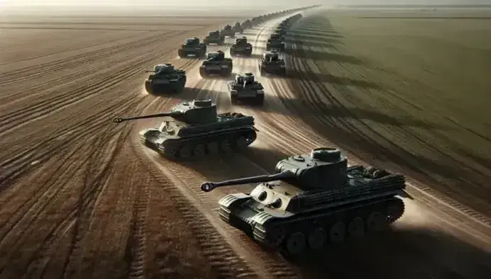 Military tanks from the 1930s advance in a line across an open field, barrels pointed forward under a blue sky.