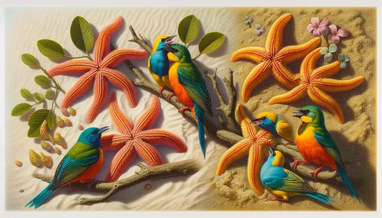 Estrella de mar naranja regenerando un brazo en arena blanca y pareja de aves cantoras de plumaje azul eléctrico y verde lima en rama.