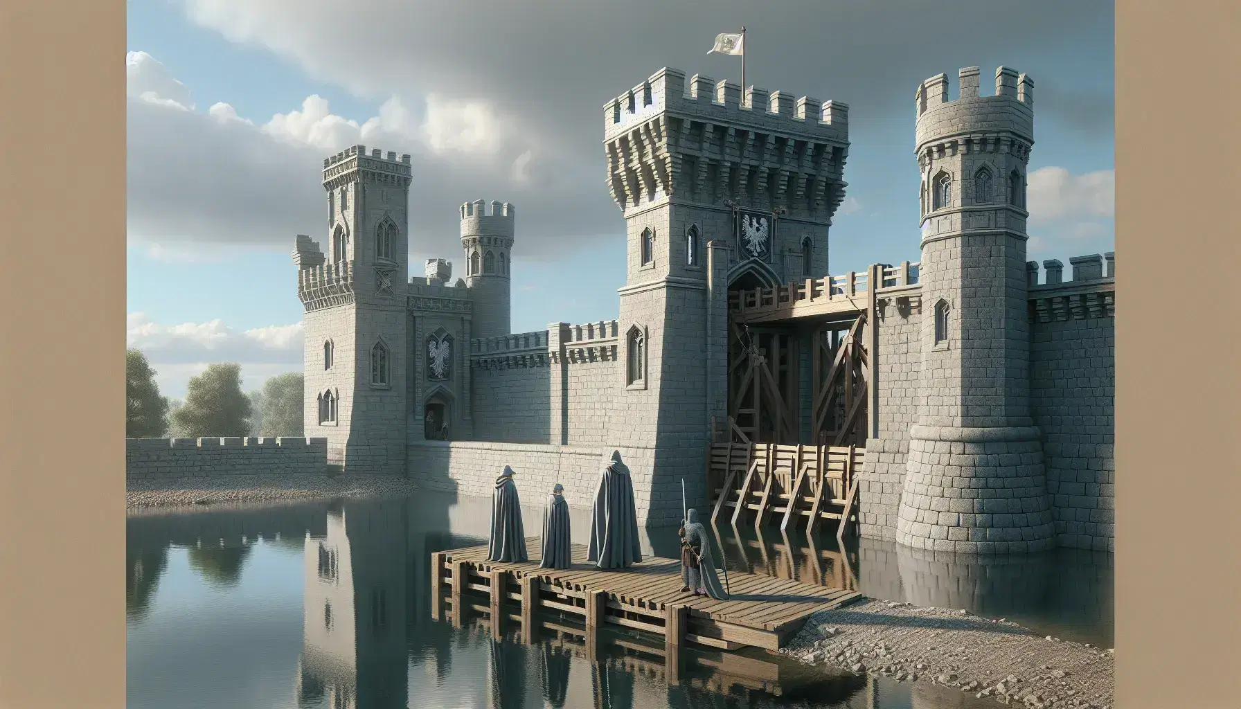 Castillo medieval de piedra con torres altas y puente levadizo bajado sobre foso, rodeado de naturaleza y figuras en capas conversando.