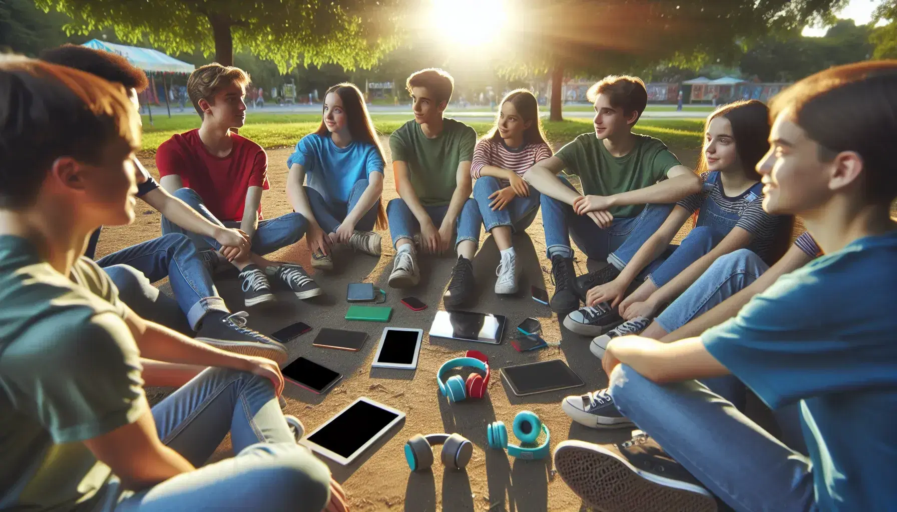 Grupo de cinco adolescentes sentados en parque con dispositivos electrónicos apagados, disfrutando de una conversación animada en un día soleado.