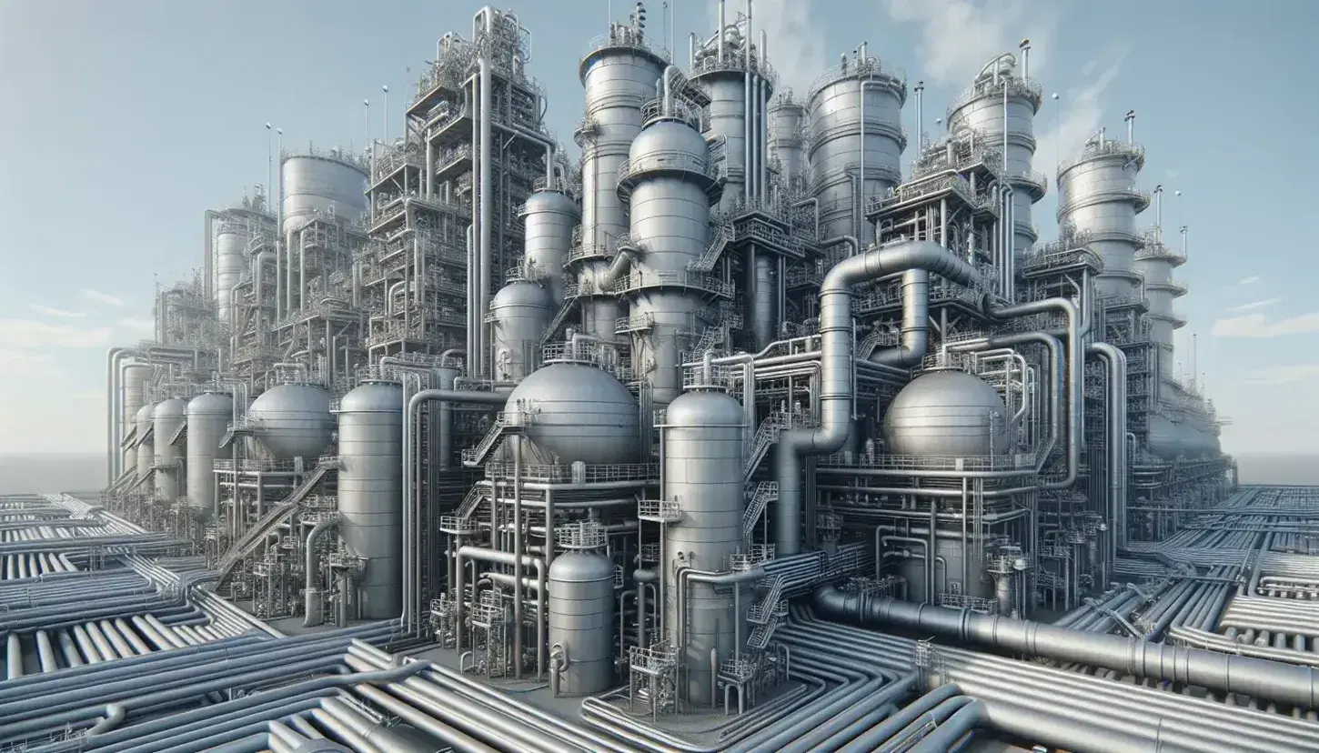 Petrochemical industrial complex with network of metal pipes, cylindrical columns and spherical tanks under a blue sky.