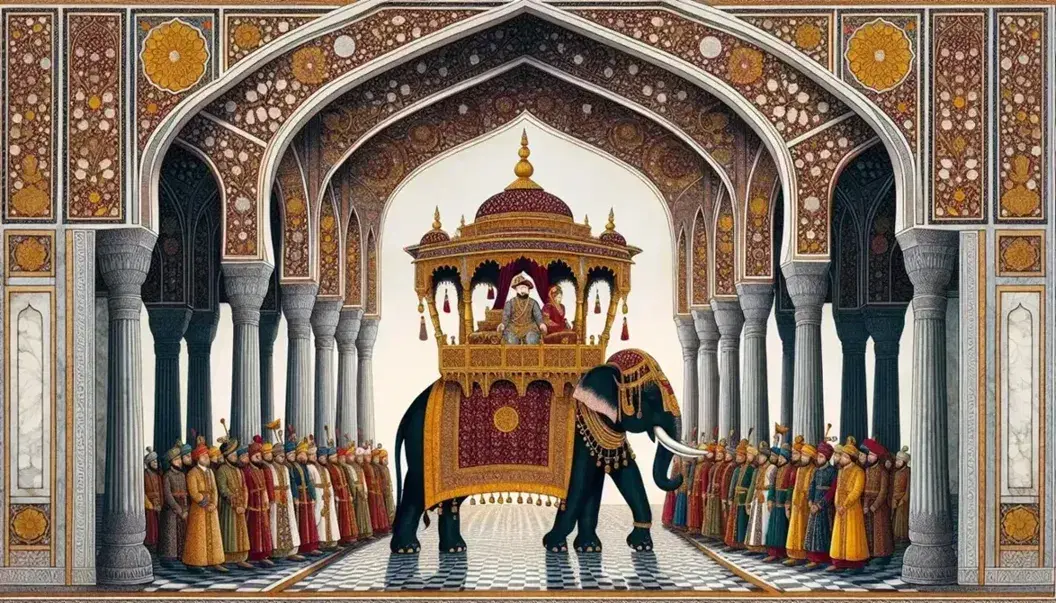 Majestic elephant with red and gold fabric carries Emperor Akbar in a golden howdah, surrounded by Mughal courtiers against a palace with intricate carvings.