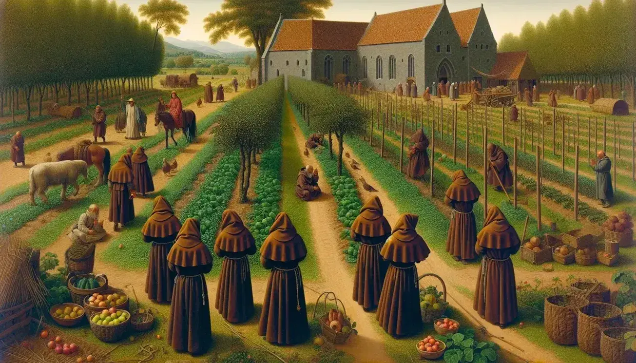 Monjes en hábitos marrones rezando en fila en un huerto, con un monasterio de piedra al fondo y campesinos trabajando la tierra bajo un cielo azul claro.