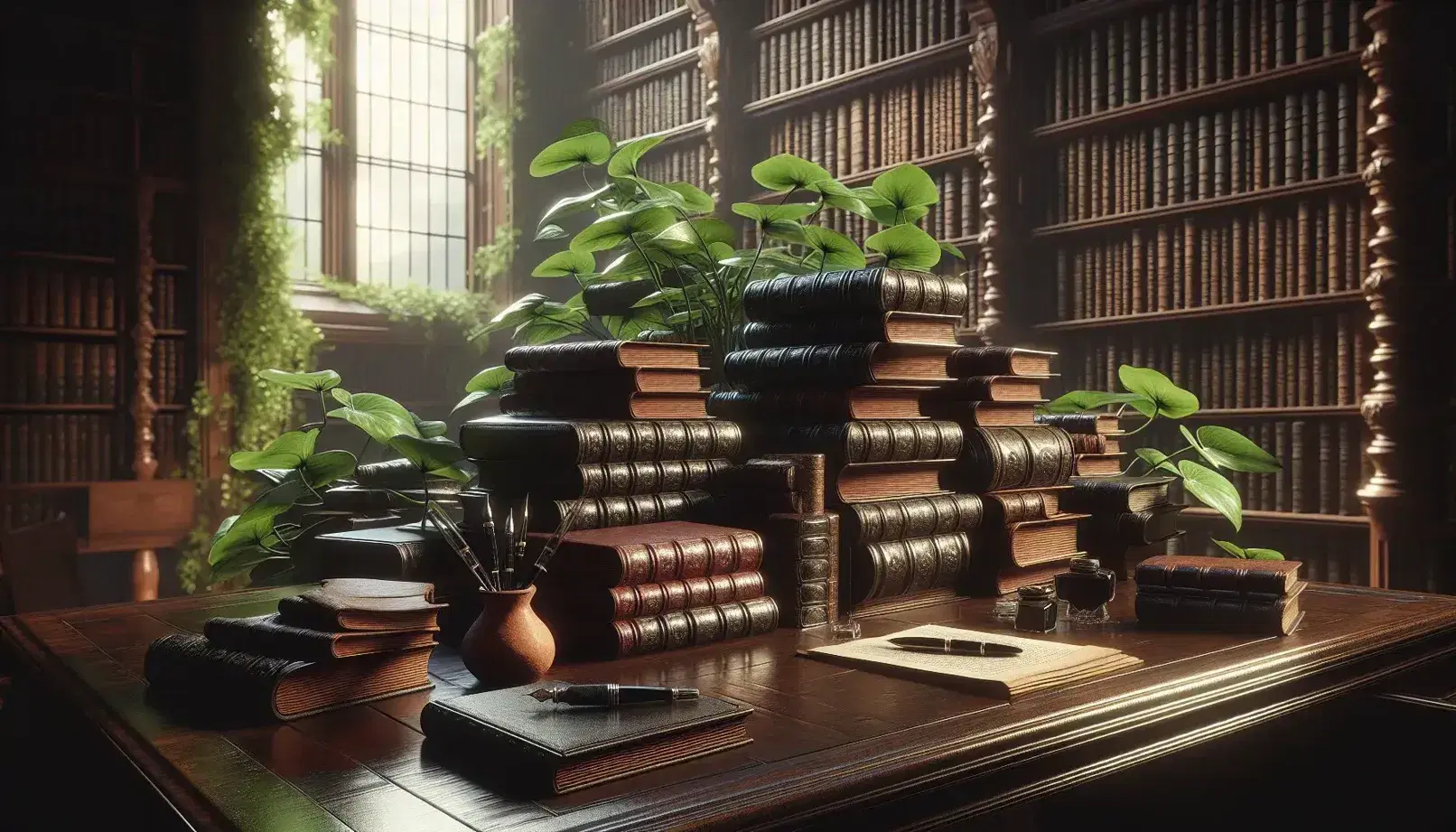 Antica biblioteca con scrivania in legno scuro, libri impilati, pianta in vaso e penna stilografica su calamaio di vetro.
