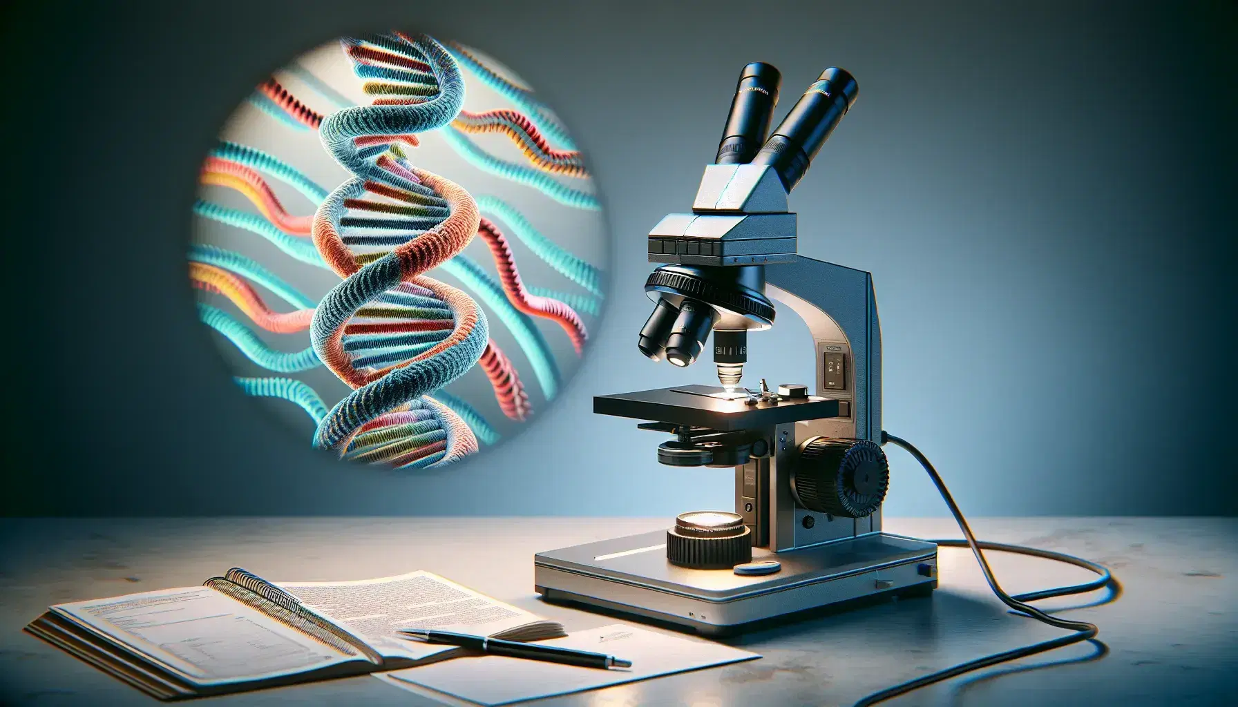 Microscopio electrónico de alta resolución en laboratorio mostrando estructura de doble hélice de ADN en tonos azules, rojos, verdes y amarillos, con cuaderno y bolígrafo al lado.