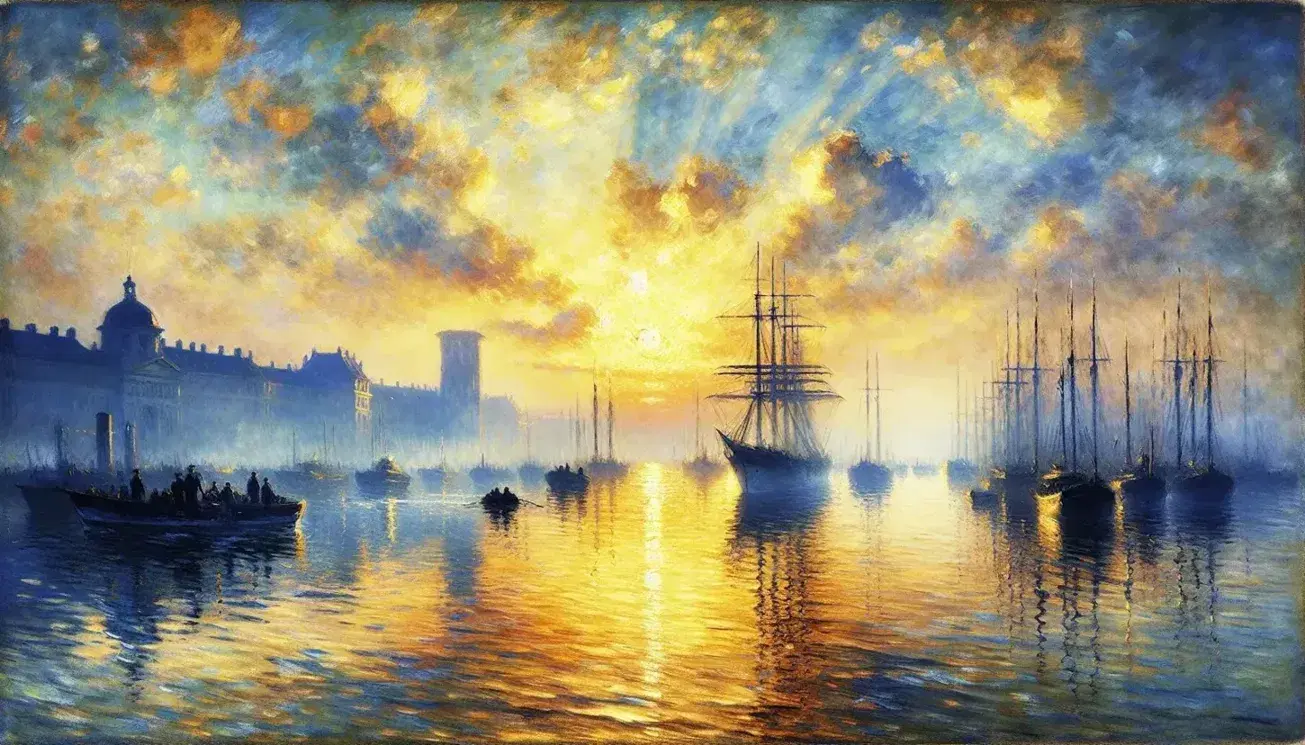 Alba impressionista in porto con barche a vela in silhouette, riflessi dorati sull'acqua e sfumature cielo blu-arancio.