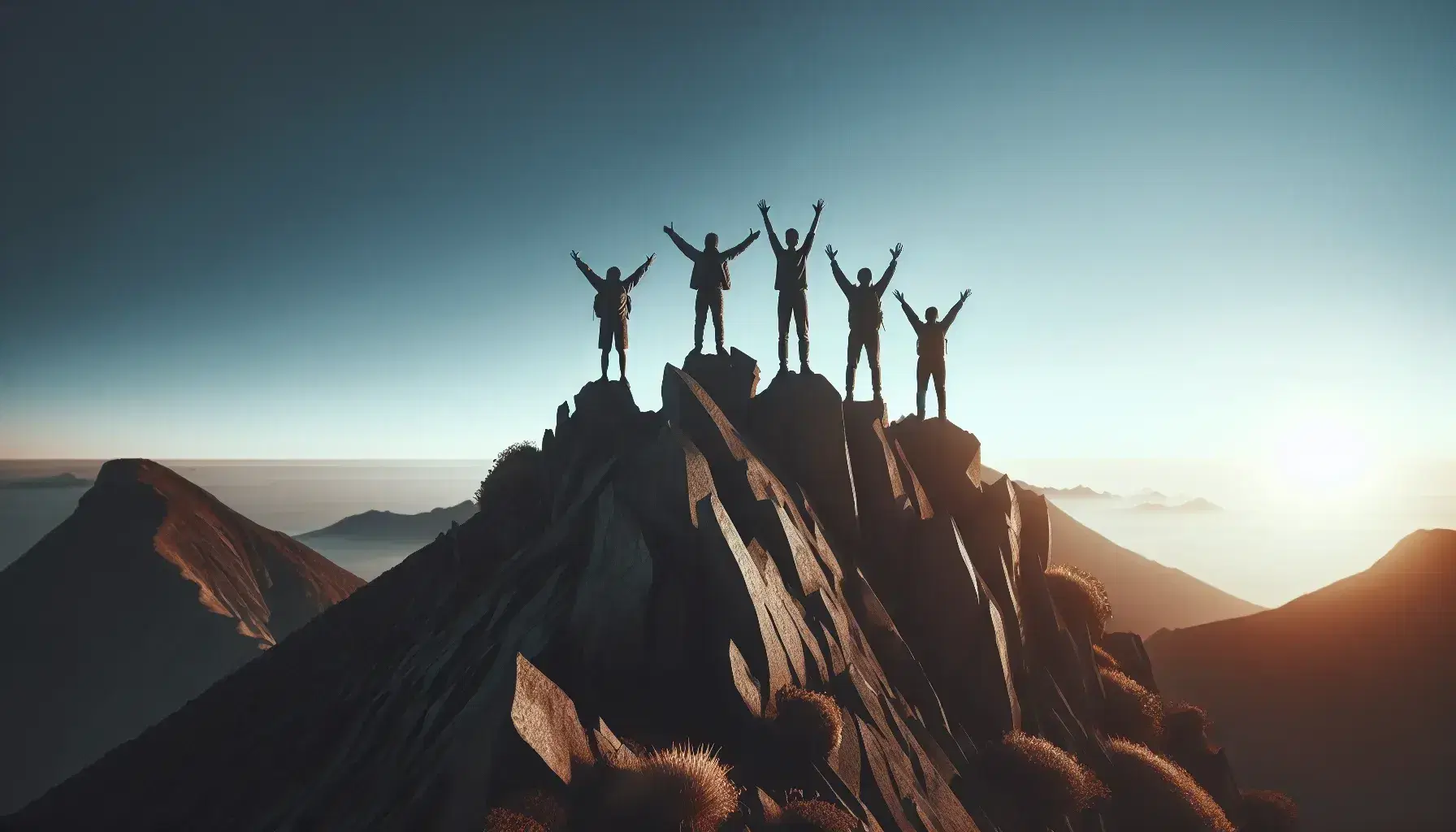 Cuatro personas celebran en la cima de una montaña con brazos alzados hacia un cielo azul claro, rodeados de vegetación alpina y picos montañosos en la distancia.