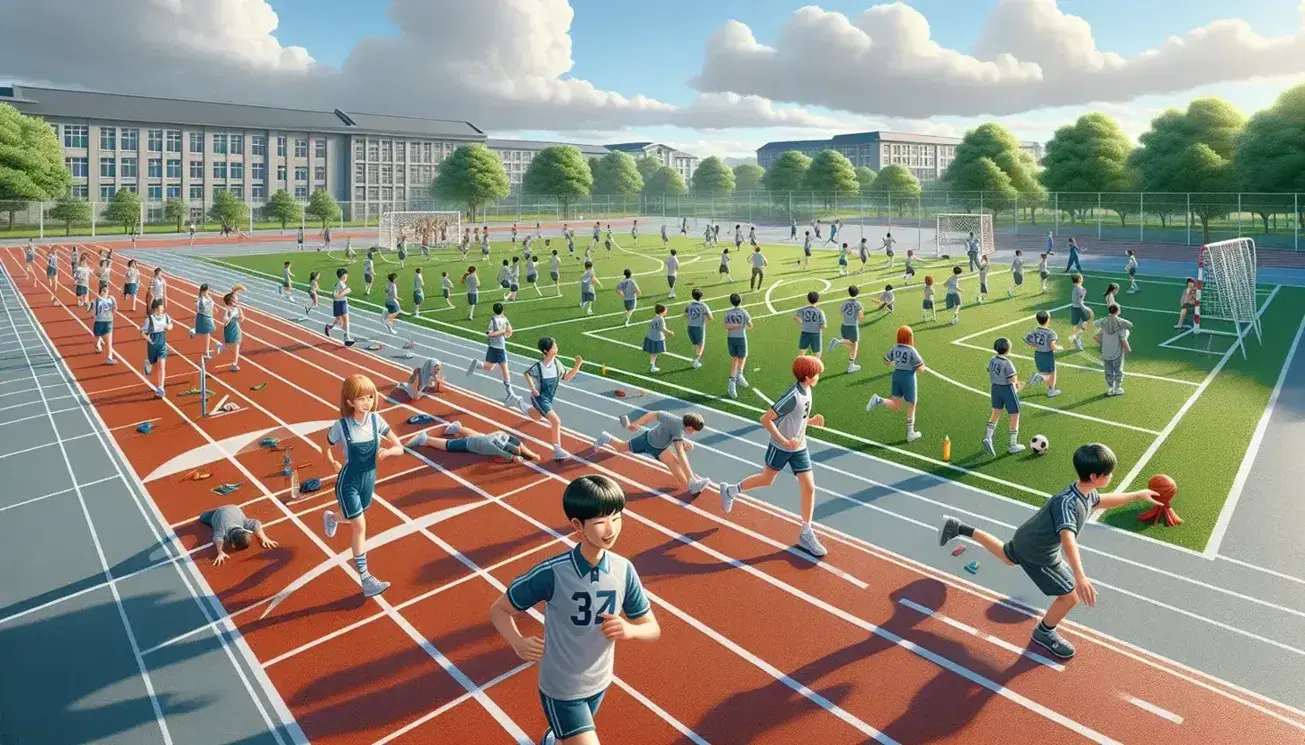 Studenti in uniforme sportiva impegnati in attività fisiche all'aperto: corsa su pista atletica, calcio, stretching e basket in un campo scolastico.