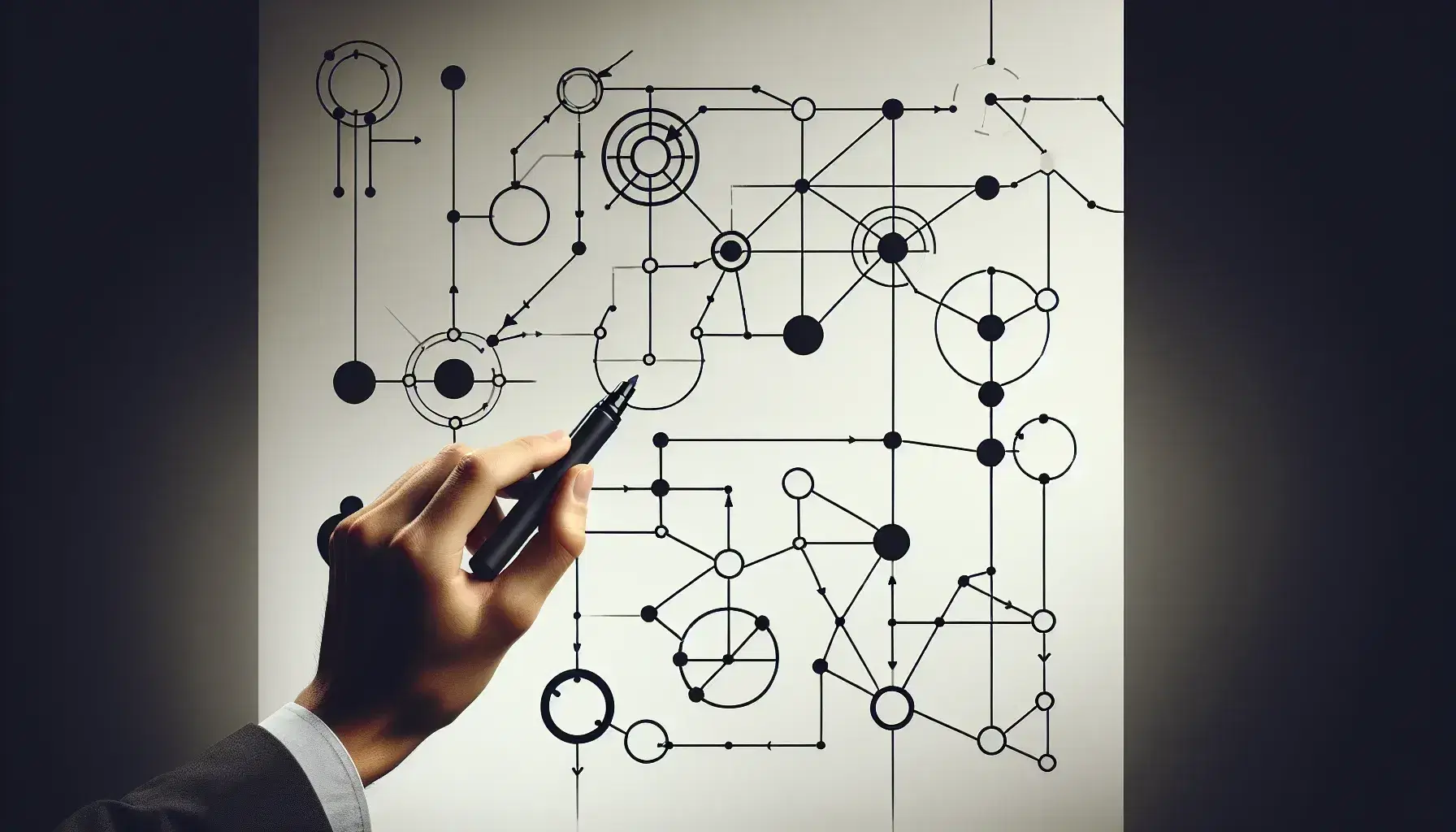 Mano sosteniendo marcador negro frente a pizarra con formas geométricas y líneas conectadas, sugiriendo un diagrama o esquema sin texto.