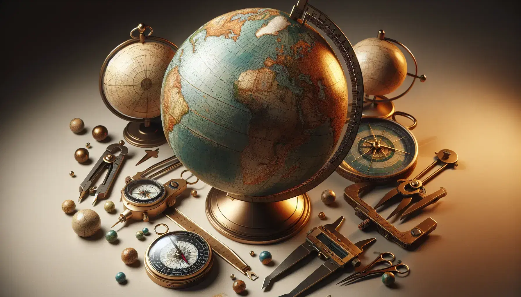 Globo terrestre dettagliato con rilievi topografici, circondato da strumenti cartografici come bussola, calibri e astrolabio in ottone.