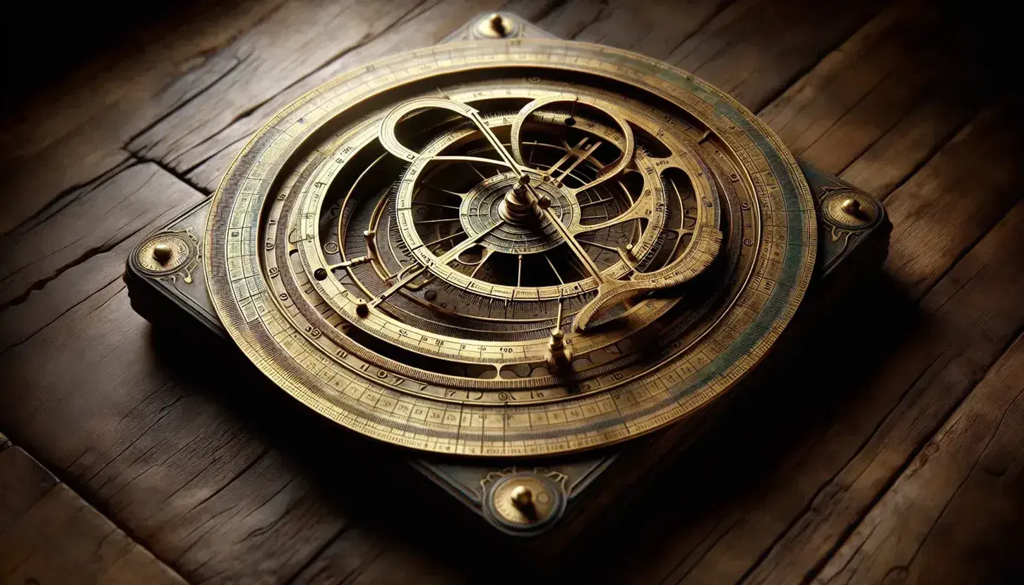 Astrolabe antiguo de bronce sobre superficie de madera oscura, con anillos concéntricos y líneas grabadas, destacando su complejidad y textura.