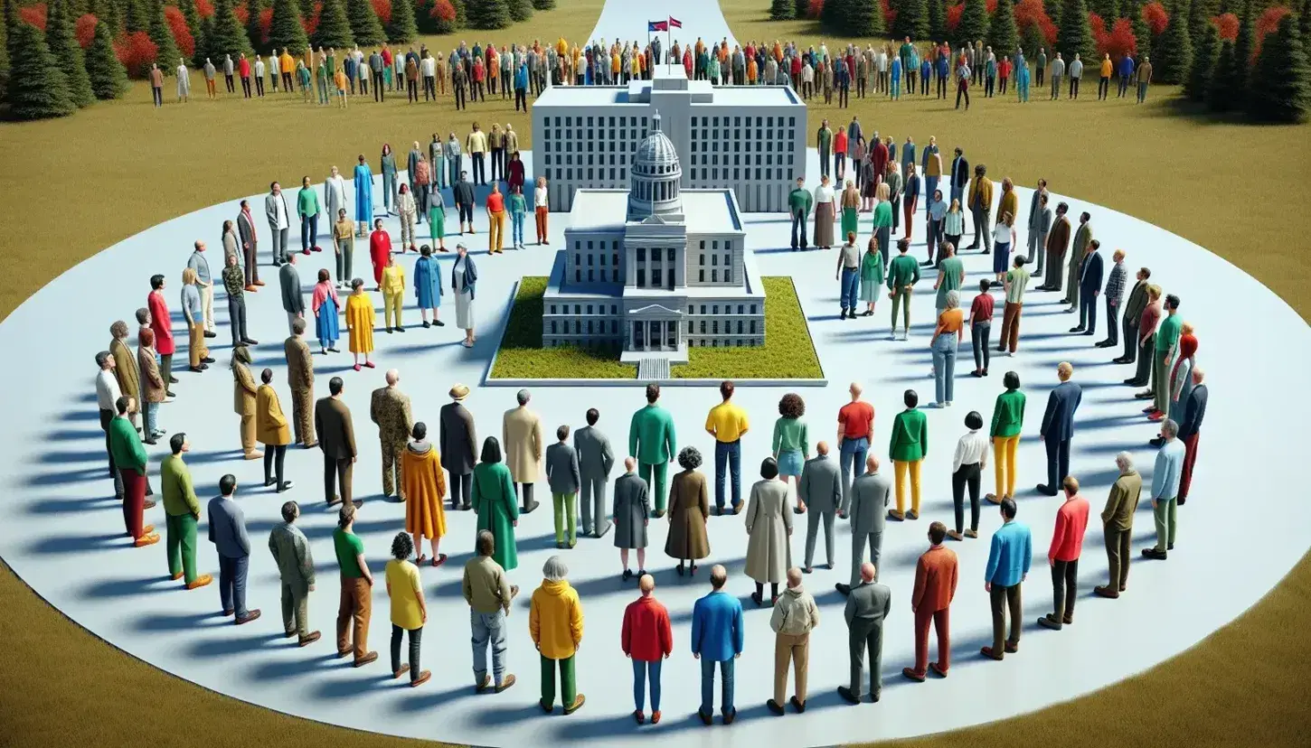 Grupo diverso de personas de distintas edades y etnias formando un círculo alrededor de una maqueta de edificio gubernamental en un día soleado.