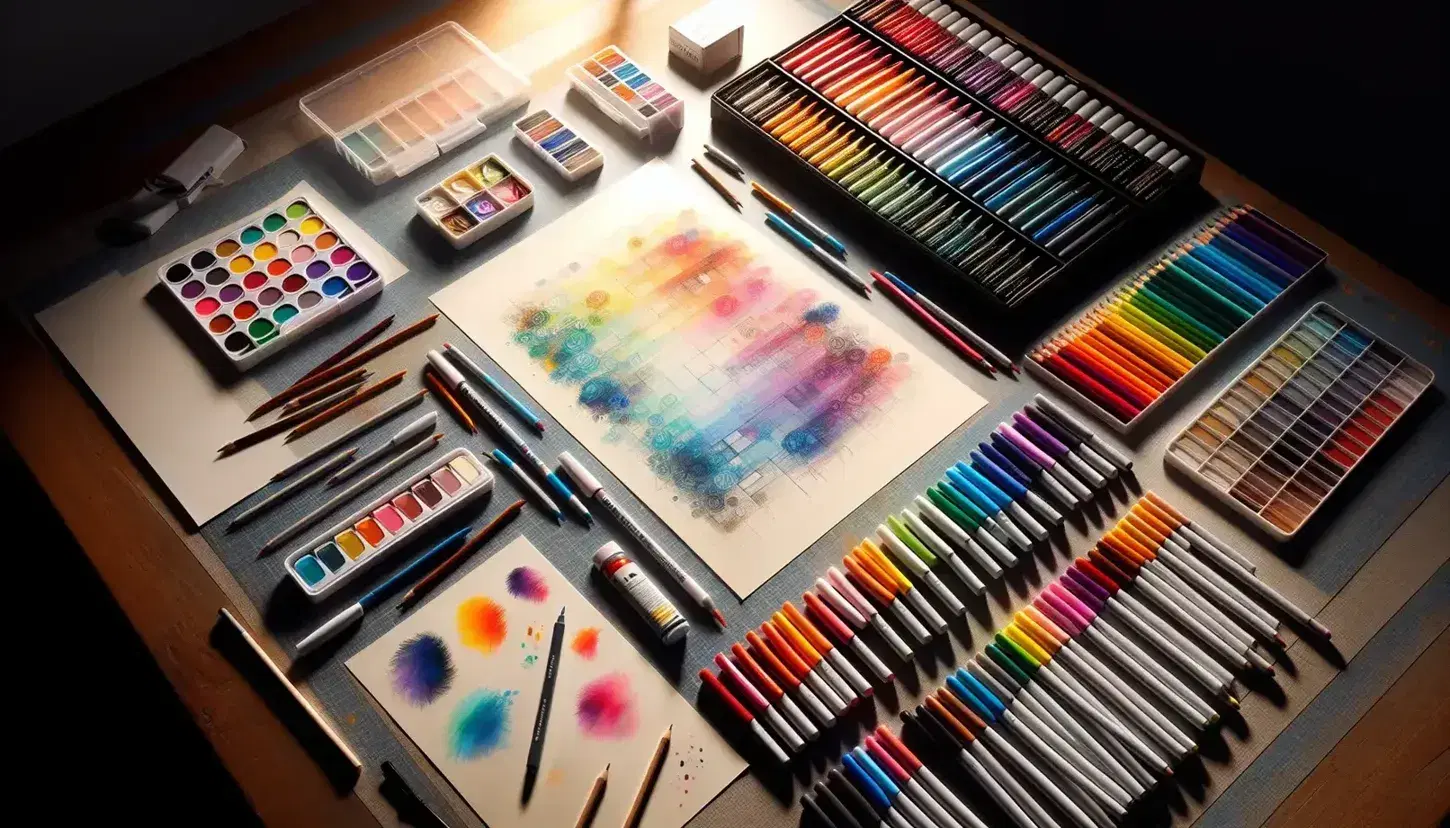 Mesa de trabajo iluminada con materiales de arte, papel con trazos coloridos, marcadores y lápices de colores ordenados por tonalidad.