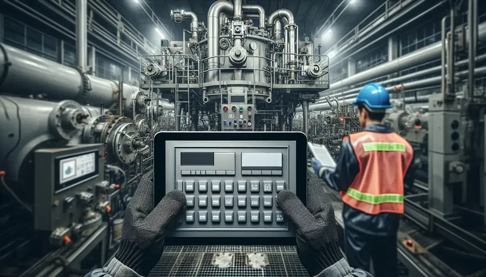 Manos con guantes de seguridad sujetando una tableta electrónica en primer plano con maquinaria industrial y trabajador con casco y chaleco reflectante al fondo.
