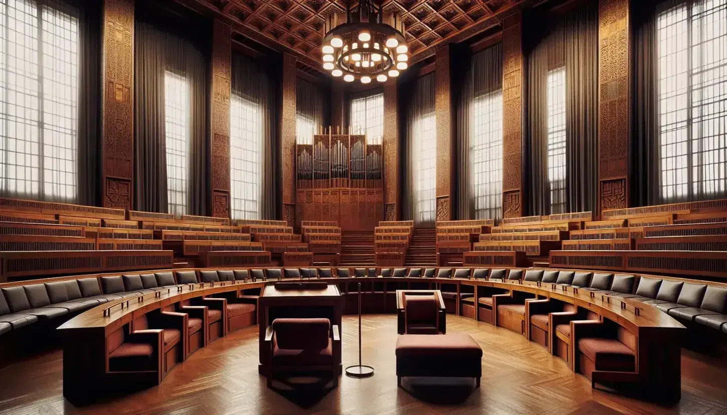 Sala conferenze elegante con panche in legno a semicerchio, sedili rossi, leggio centrale e lampadari in vetro.