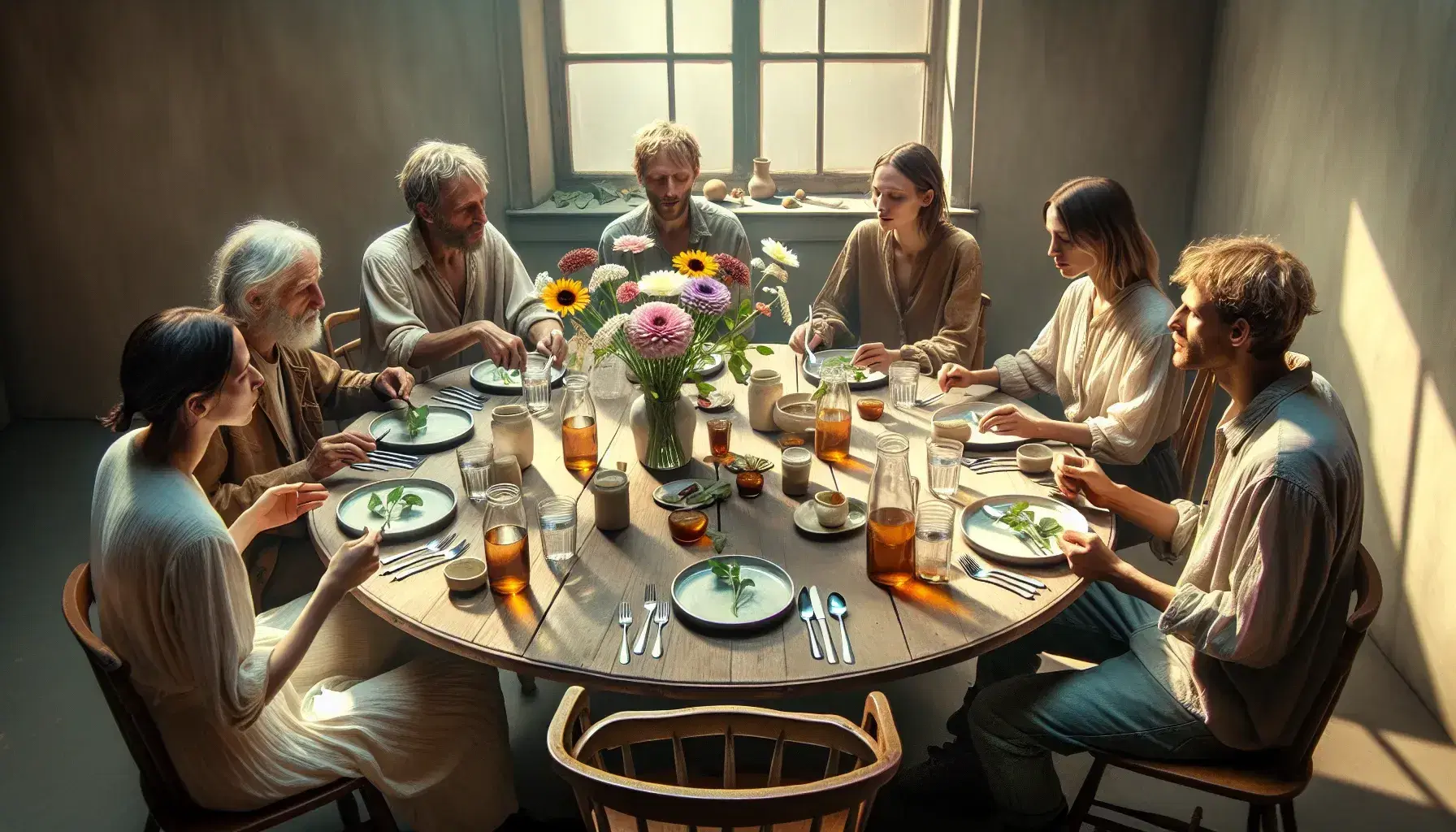 Familia disfrutando de una comida alrededor de una mesa redonda con flores frescas en el centro, platos blancos y bebidas en vasos transparentes, en un ambiente acogedor e iluminado.