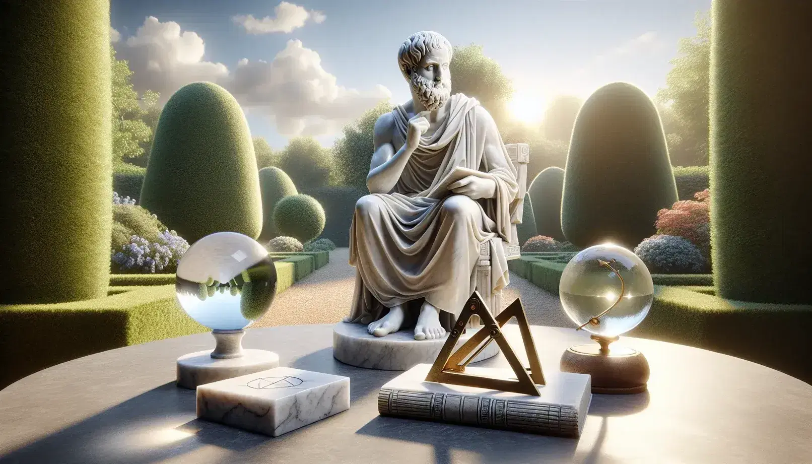 Statua in marmo di Aristotele seduto con libro, mano alzata, oggetti simbolici su tavolo e giardino sfumato sullo sfondo.