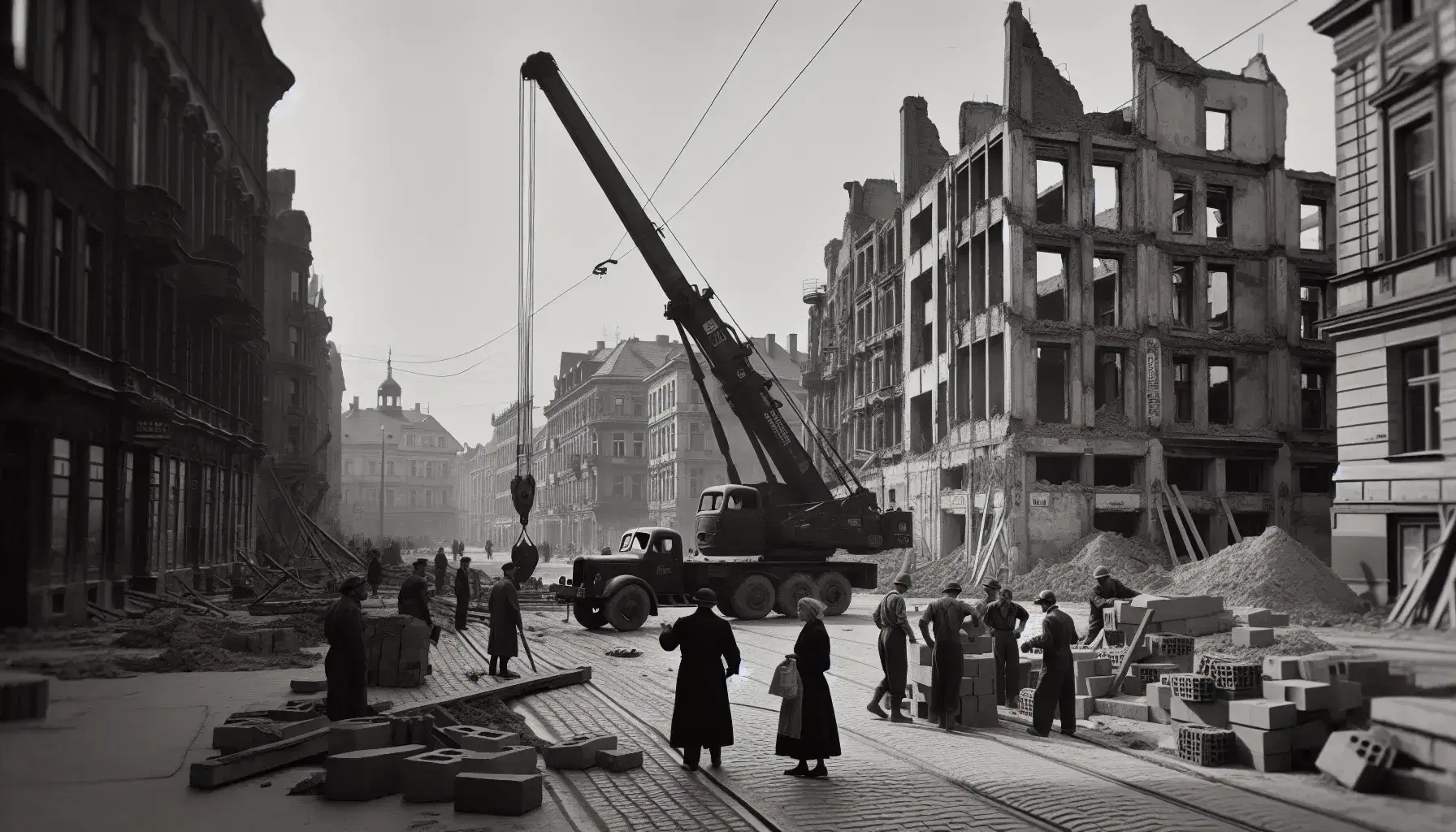 Scena ricostruzione post-bellica in città europea anni '50, con gru mobile, operai al lavoro e donna in abiti d'epoca.