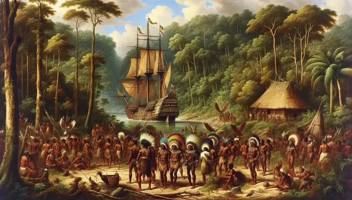 Brazilian rainforest with indigenous people in traditional attire performing a ritual, a Portuguese caravel anchored offshore, and a simple thatched-roof structure.