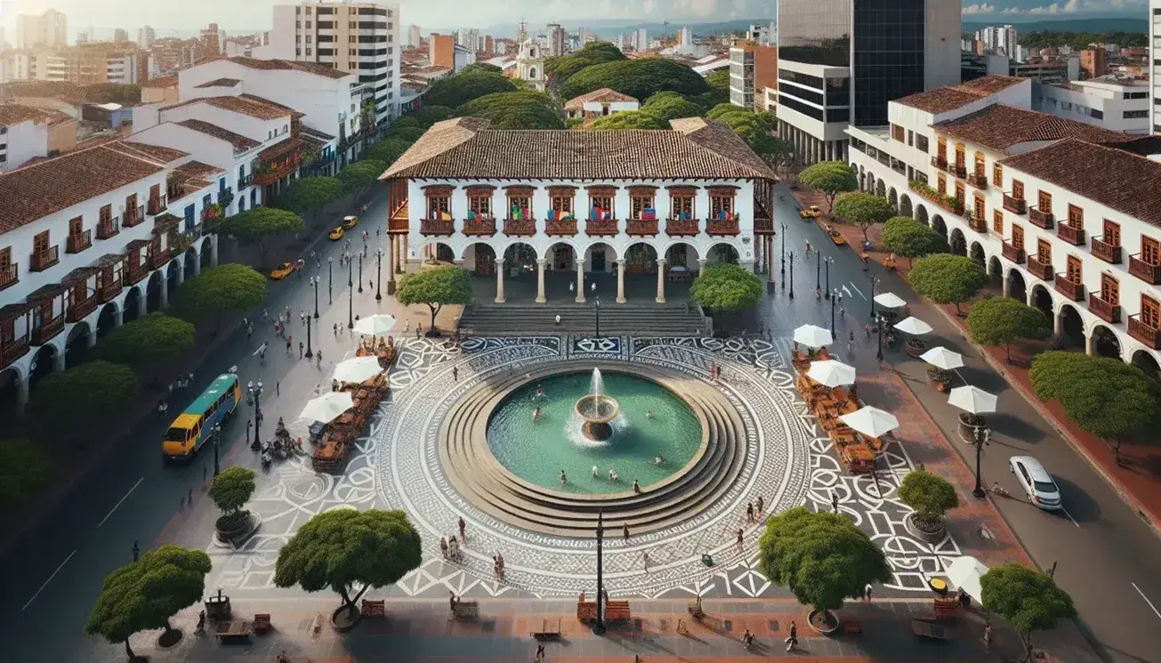 Vista aérea de plaza colombiana con fuente circular, edificio colonial, banderas coloridas y árboles frondosos, reflejando un día soleado.