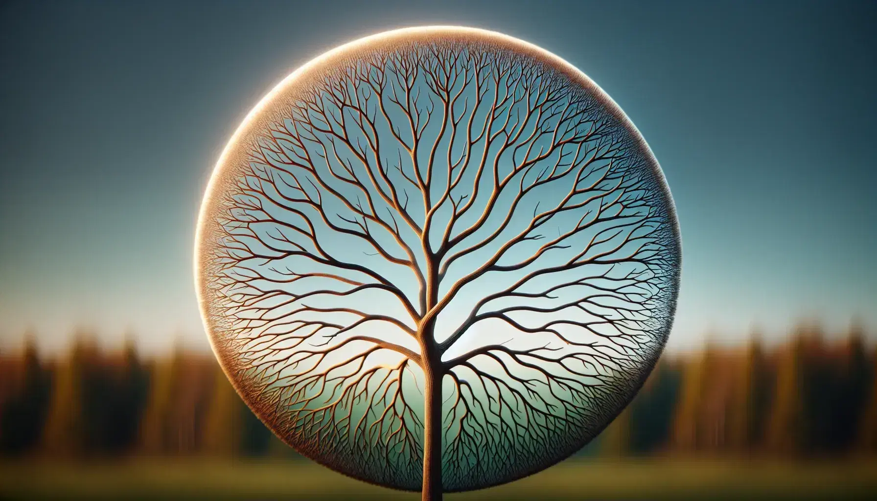Bare tree with complex branches spreading from a thick trunk towards a light to dark blue sky, illuminated by a golden light.